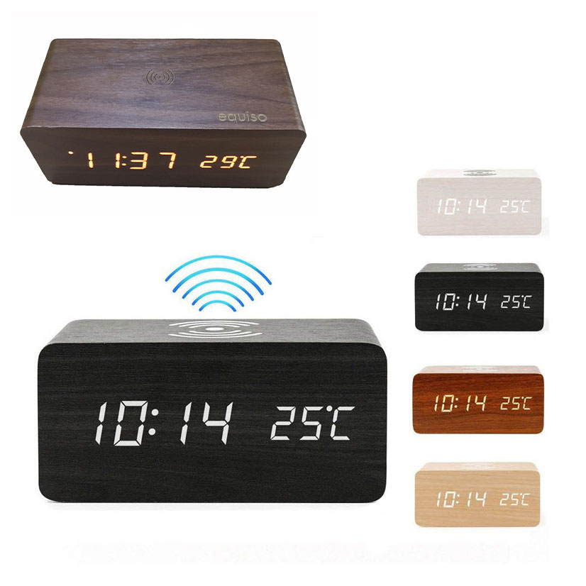 Wireless Charging Wood LED Clock
